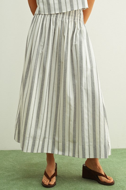 STRIPE SMOCK WAIST SKIRT--BLACK/OATMEAL