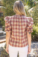 RUCHED PUFF SLEEVE PLAID TOP--BURGUNDY