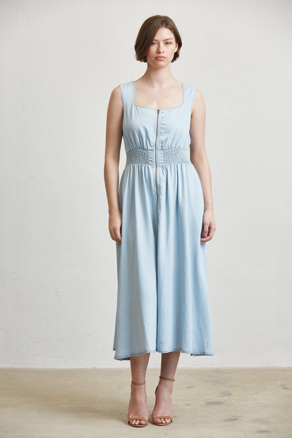 SQUARE NECK SMOCKED WAIST & FRONT ZIPPER DRESS--LIGHT DENIM