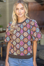 FLORAL EMBROIDERED BUBBLE SLEEVE TOP--BROWN/PINK