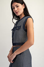 HERRINGBONE DENIM MIX VEST--INDIGO