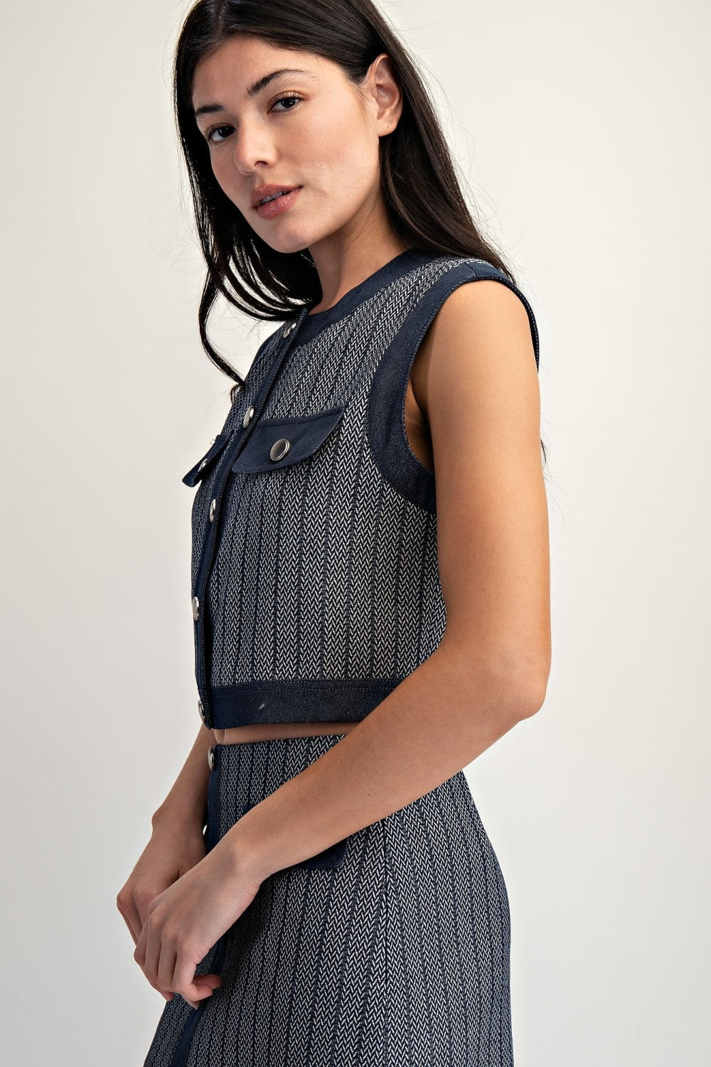 HERRINGBONE DENIM MIX VEST--INDIGO