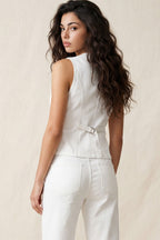STRETCH DENIM LONG VEST WITH CONTRAST STITCHING--OFF WHITE
