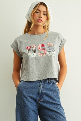 USA FLORAL PATCHWORK TEE--GREY