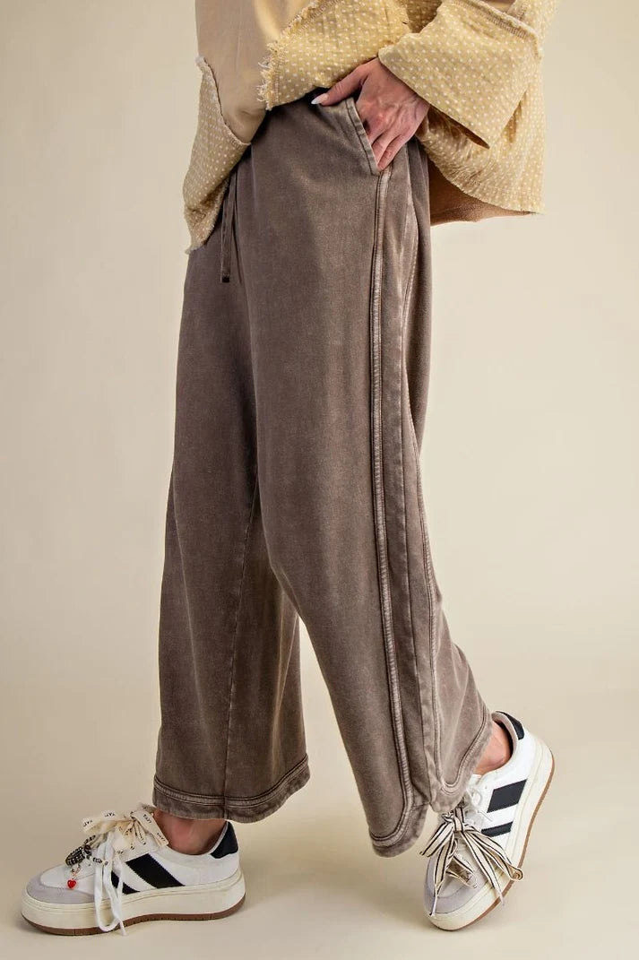 MINERAL WASHED TERRY KNIT WIDE LEG PANTS--DK. CHOCOLATE