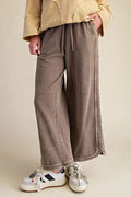 MINERAL WASHED TERRY KNIT WIDE LEG PANTS--DK. CHOCOLATE
