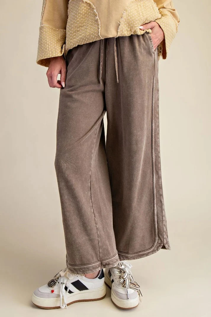 MINERAL WASHED TERRY KNIT WIDE LEG PANTS--DK. CHOCOLATE