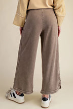 MINERAL WASHED TERRY KNIT WIDE LEG PANTS--DK. CHOCOLATE