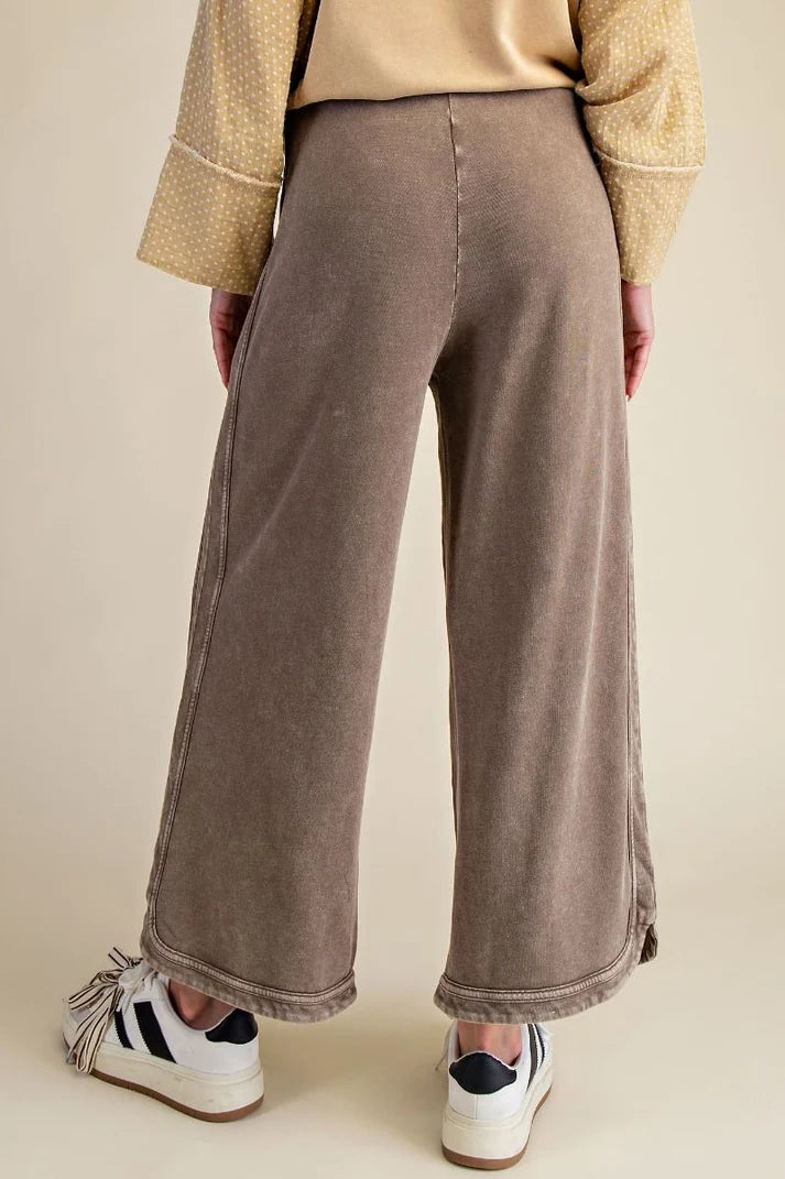 MINERAL WASHED TERRY KNIT WIDE LEG PANTS--DK. CHOCOLATE