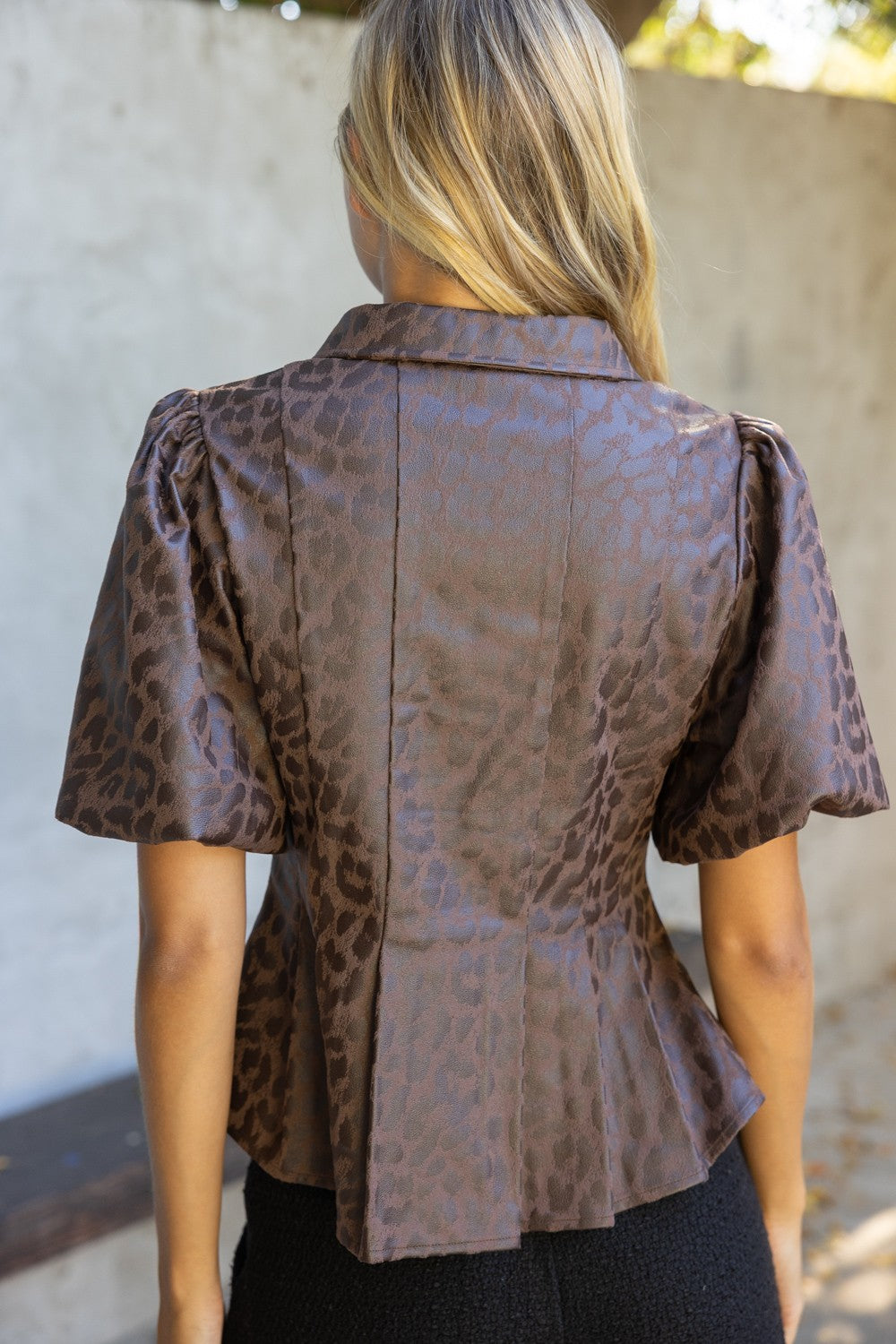LEOPARD FAUZ LEATHER PLEATED PEPLUM TOP