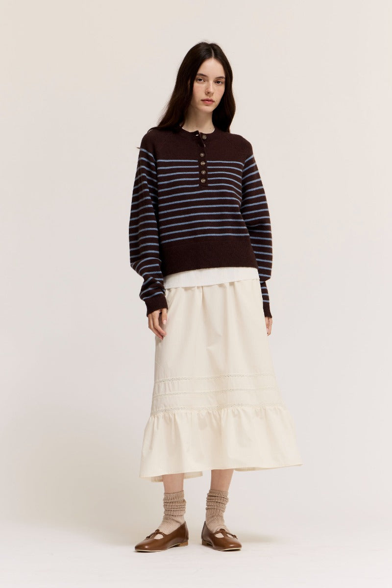 KNIT STRIPE HENLEY SWEATER--CHOCO/BLUE