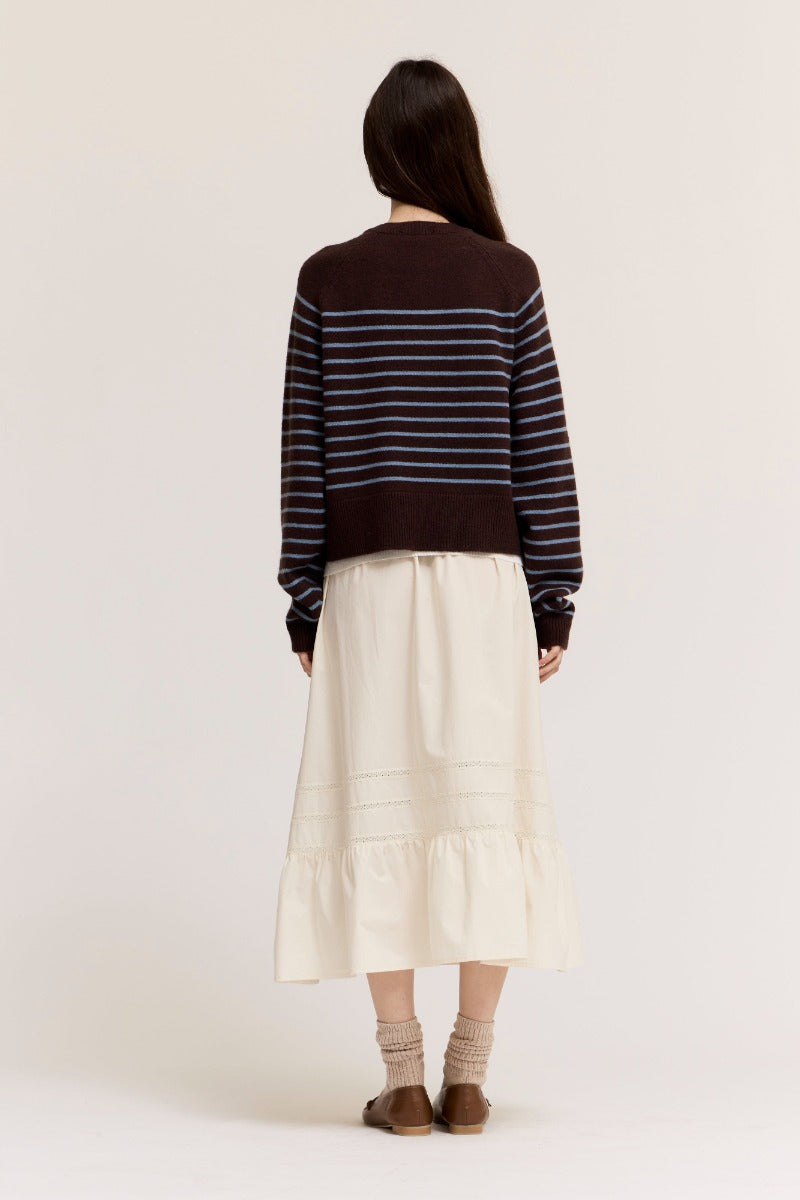 KNIT STRIPE HENLEY SWEATER--CHOCO/BLUE