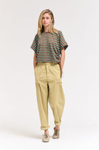 STRIPE SIDE DRAWSTRING TEE--CHOCOLATE