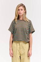 STRIPE SIDE DRAWSTRING TEE--CHOCOLATE