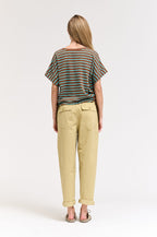 STRIPE SIDE DRAWSTRING TEE--CHOCOLATE