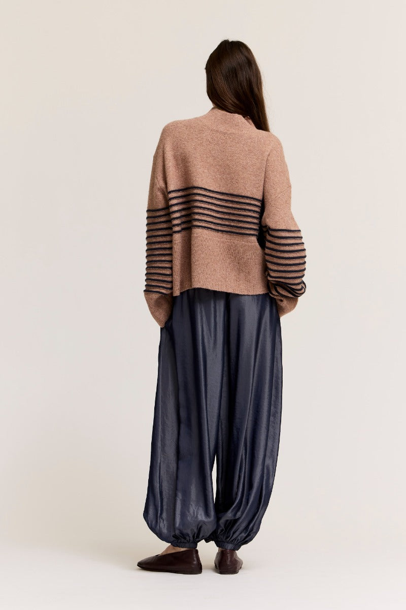 HIGH NECK STRIPE WIDE HEM SWEATER--DUSTY LILAC/NAVY