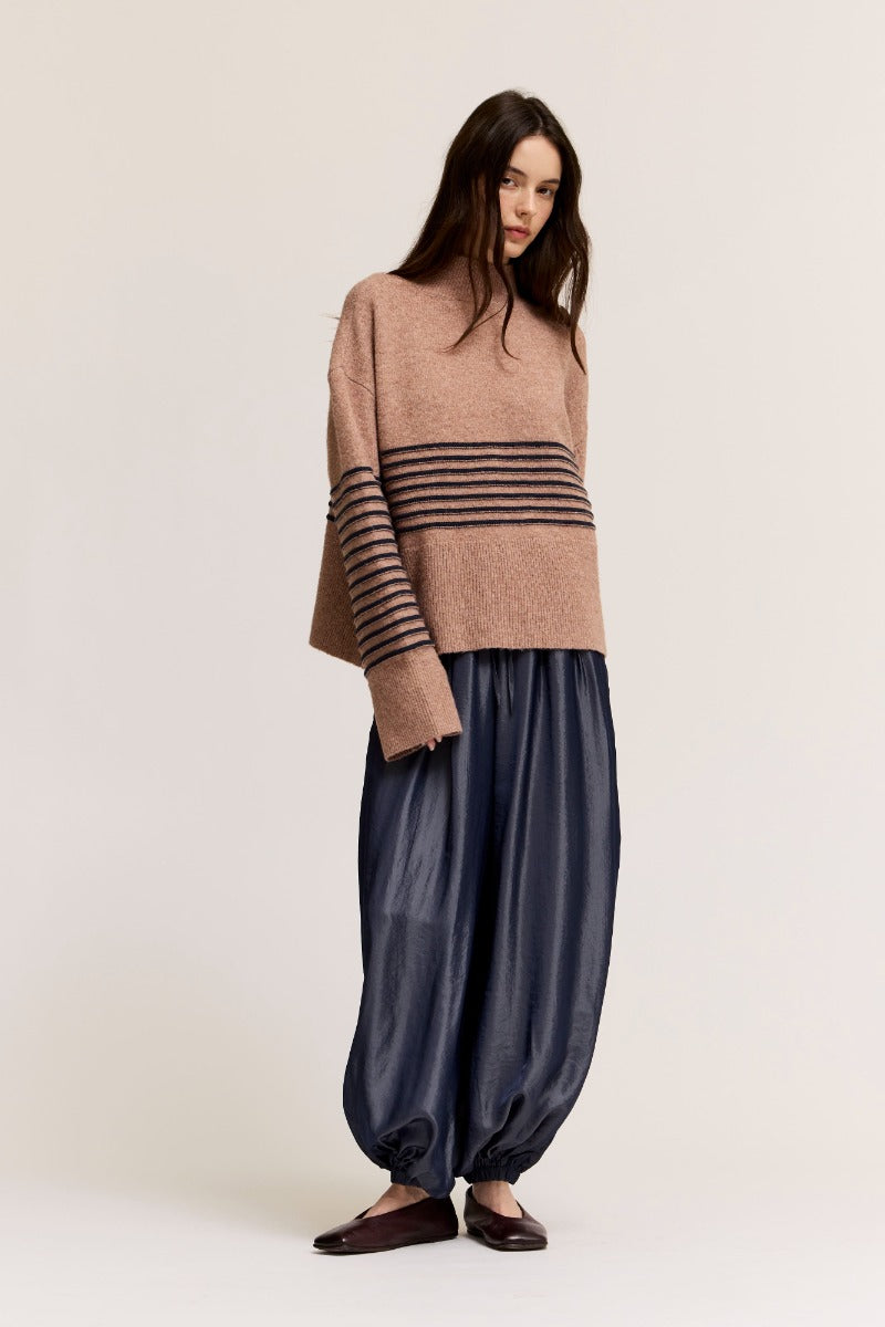 HIGH NECK STRIPE WIDE HEM SWEATER--DUSTY LILAC/NAVY