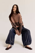 HIGH NECK STRIPE WIDE HEM SWEATER--DUSTY LILAC/NAVY