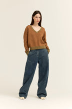 CAMEL STRIPED V-NECK SWEATER
