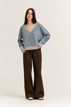 GREY SKY STRIPED V-NECK SWEATER
