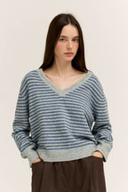 GREY SKY STRIPED V-NECK SWEATER