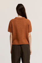 HALF PLACKET SHORT SLEEVE KNIT TOP--CIDER