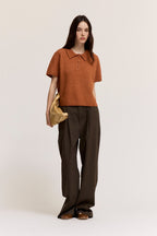 HALF PLACKET SHORT SLEEVE KNIT TOP--CIDER