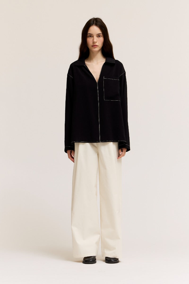 CONTRAST STITCH LS SHIRT--BLACK