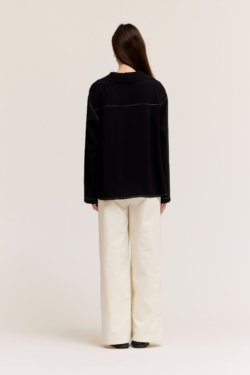 CONTRAST STITCH LS SHIRT--BLACK