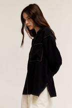 CONTRAST STITCH LS SHIRT--BLACK