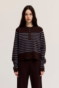 KNIT STRIPE HENLEY SWEATER--CHOCO/BLUE