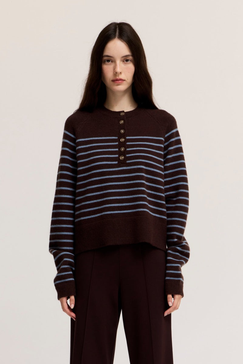KNIT STRIPE HENLEY SWEATER--CHOCO/BLUE