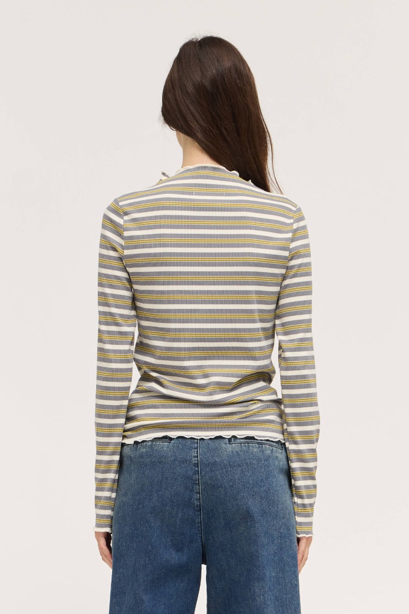 STRIPED MOCK NECK LS TEE--GREY
