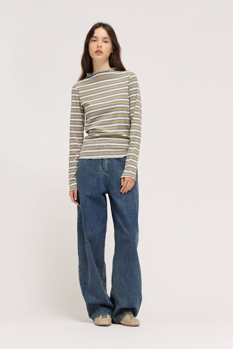 STRIPED MOCK NECK LS TEE--GREY