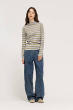 STRIPED MOCK NECK LS TEE--GREY