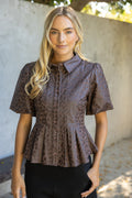 LEOPARD FAUZ LEATHER PLEATED PEPLUM TOP