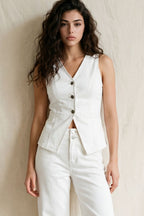 STRETCH DENIM LONG VEST WITH CONTRAST STITCHING--OFF WHITE