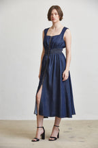 SLEEVELESS SMOCKED WAIST ZIP FRONT MIDI DRESS--DK. DENIM
