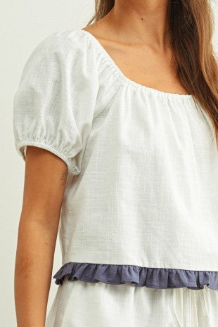 SQUARE NECK RUFFLED HEM SHORT SLEEVE LINEN TOP--WHITE/BLUE