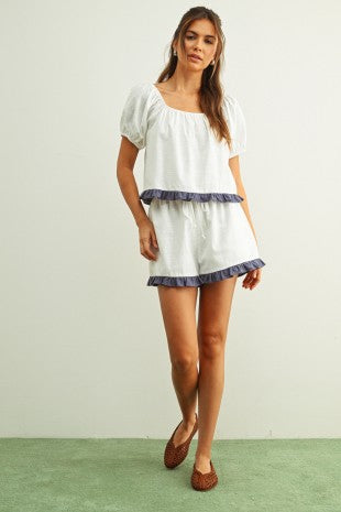RUFFLED HEM LINEN SHORTS--WHITE/BLUE