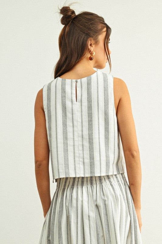 STRIPE SLEEVELESS TOP--BLACK/OATMEAL