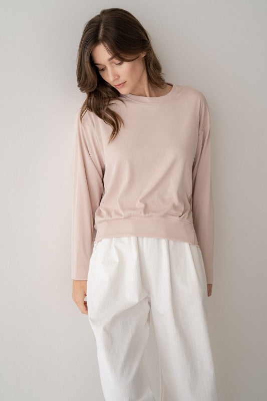 ASYMMETRIC HEM LIGHTWEIGHT SWEATSHIRT--DUSTY MAUVE
