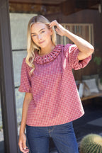 PEARL PUFFED PLAID TOP--BURGUNDY