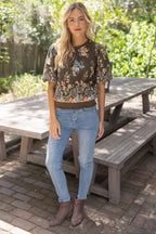 FLORAL EMROIDERED BOARDER TOP--BROWN