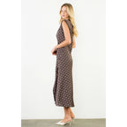 COWL NECK POLKA DOT SLIT DRESS--BROWN