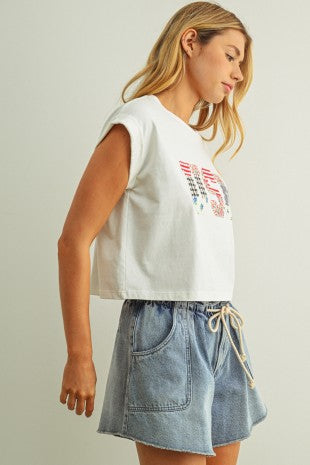 USA FLORAL PATCHWORK TEE--WHITE