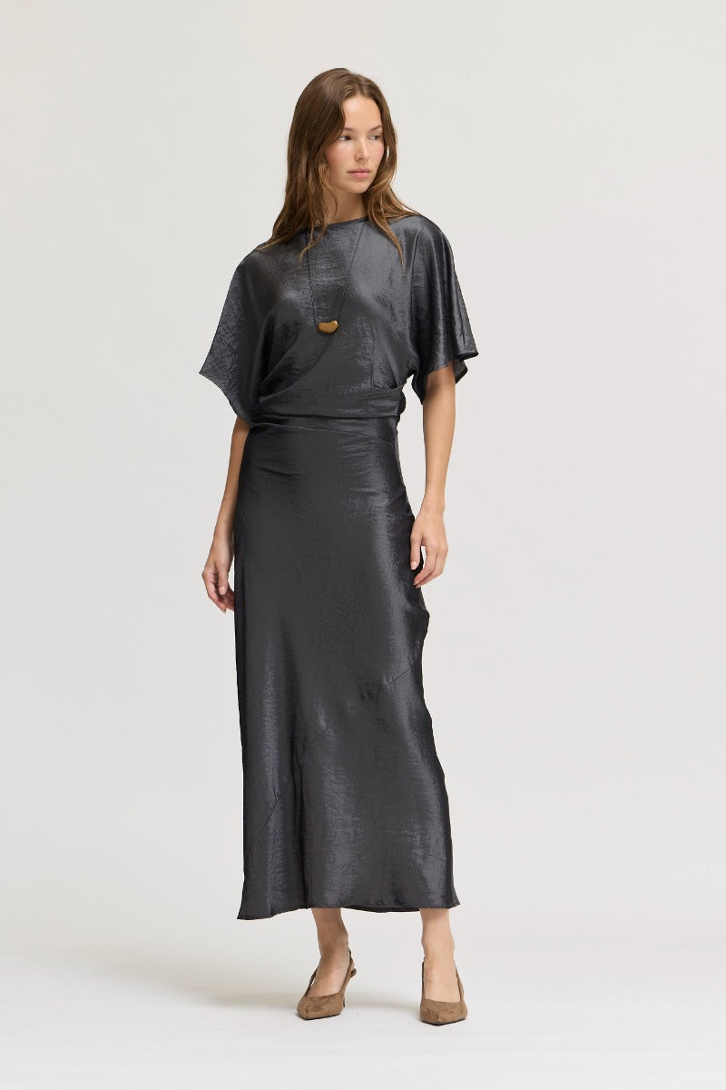 GRANITE WASH RUCHED WAIST DRESS