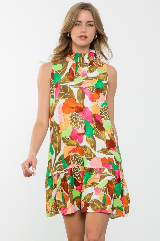 TROPICAL MOCK NECK DRESS