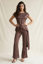 ASYMMETRIC SATIN TOP WITH LACE TRIM--BROWN