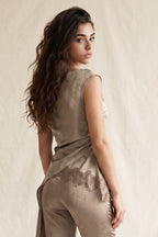 ASYMMETRIC SATIN TOP WITH LACE TRIM--MOCHA